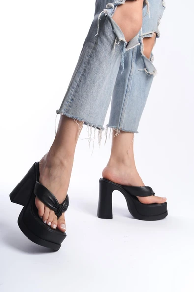 Kadın Geyala Siyah Parmak Arası (12 cm ) Platform Topuklu Terlik - Resim 2