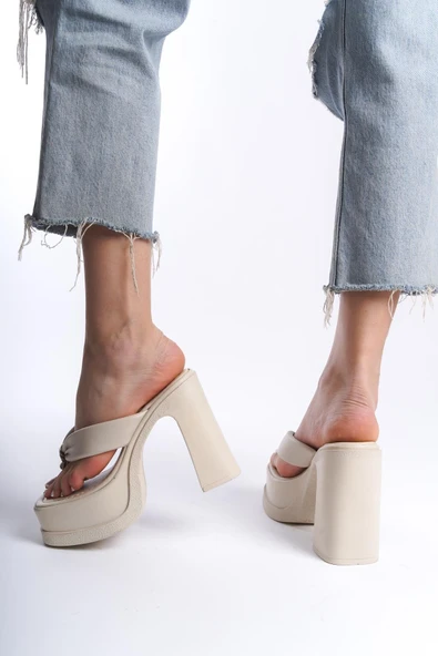 Kadın Geyala Bej Parmak Arası (12 cm ) Platform Topuklu Terlik - 3