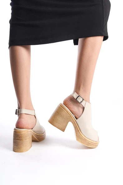 Kadın Bite Krem Bilekten Bağlamalı Önu Acık Ortopedik Tabanlı  Platform Topuk Ayakkabı - 4