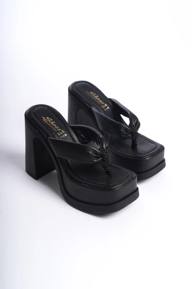 Kadın Geyala Siyah Parmak Arası (12 cm ) Platform Topuklu Terlik - Resim 4