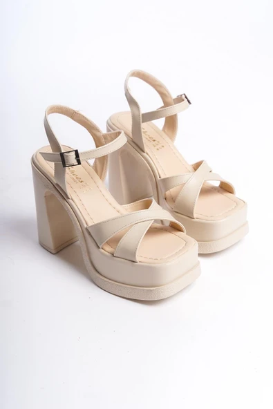 Kadın Keyli Krem Cilt Çapraz Bantlı (12 cm ) Platform Topuklu Ayakkabı - 4