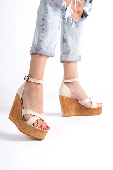 Kadın Verla Bej Çapraz Bant Yüksek Topuklu Dolgu Taban Ayakkabı - 2