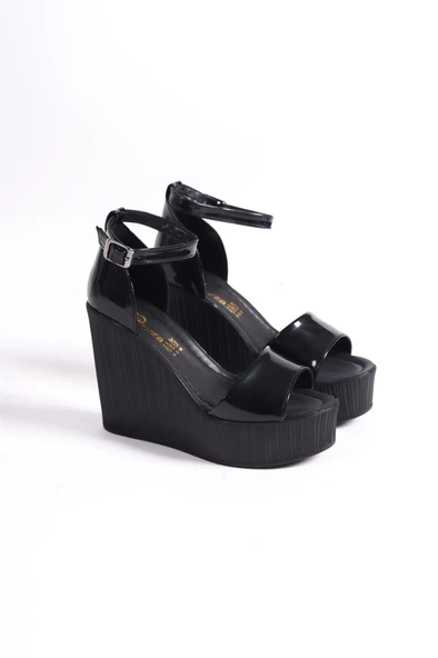 Kadın Verla Siyah Rugan Tek Bant Yüksek Dolgu Taban Ayakkabı - 4