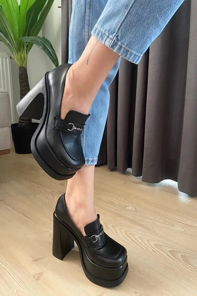 Kadın Clara Siyah Deri İnce Tokalı Lofer Model 12 cm  Platform Topuklu Ayakkabı - Resim 2