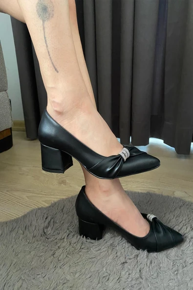 Kadın Mita Siyah Fiyonk Taşlı Alcak Ökçe Abiye Ayakkabı - 5