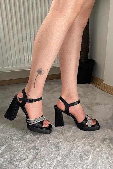 Kadın Ponti Siyah Çapraz Bantlı Taşlı 10 cm Platfom Topuklu Aykkabı - 2