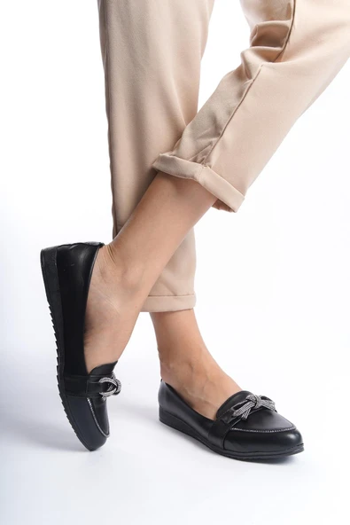 Kadın Tendi Siyah Fiyonk Taş Dedaylı  Düz Babet - 2