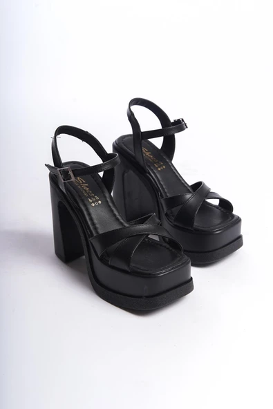 Kadın Keyli Siyah Cilt  Çapraz Bantlı (12 cm ) Platform Topuklu Ayakkabı - 4