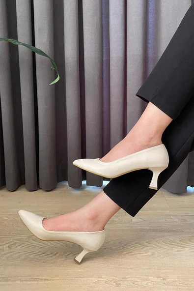 Kadın Sity Krem Cilt 6 cm İnce Topuklu Stiletto - 4