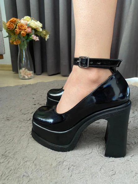 Kadın Elanor Siyah Rugan Bilekten Bağlamal (12 cm ) Platform Topuklu Ayakkabı - 2