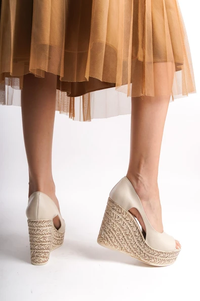 Kadın Beleon Krem Cilt 11 cm Platfomlu Dolgu Topuklu Ayakkabı - 3