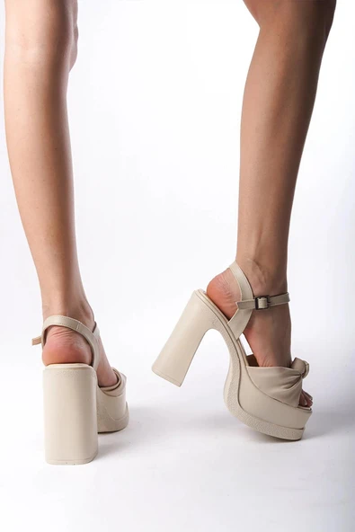 Kadın Sersi Krem Fiyank Bantlı (12 cm ) Platform Topuklu Ayakkabı - 3