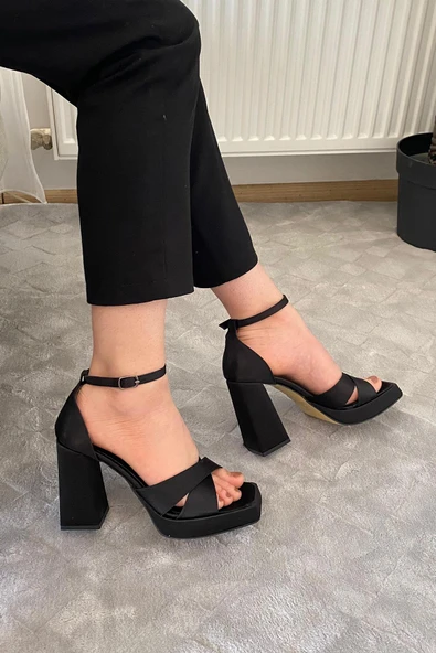 Kadın Luci Siyah Saten Çapraz Bantlı 10 cm Platfom Topuklu Aykkabı - 4