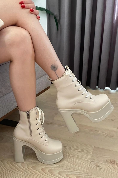 Kadın Simya Krem Bağcıklı Detaylı 12 cm Platform Topuklu Fermuarlı Bot - Resim 3