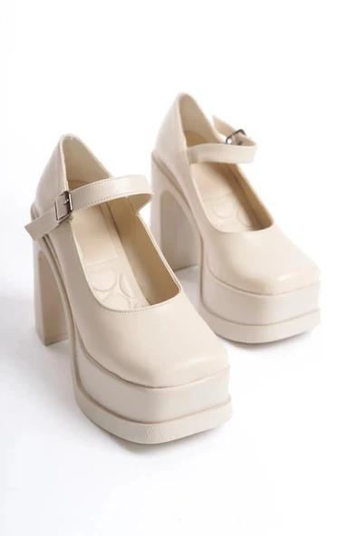 Kadın Napoli Krem Cilt Tek Baretli  (12 cm ) Platform Topuklu Ayakkabı - 4