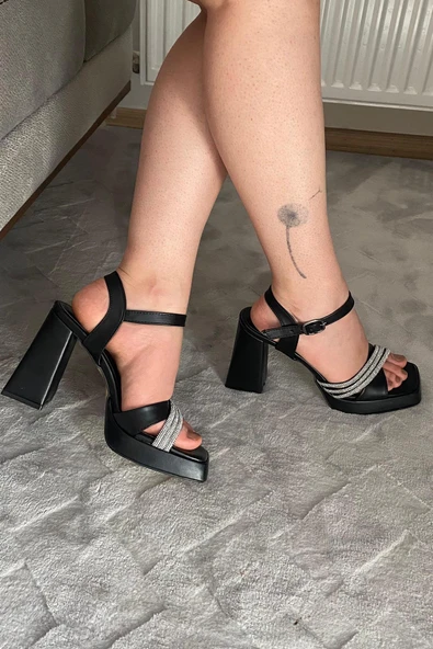 Kadın Ponti Siyah Çapraz Bantlı Taşlı 10 cm Platfom Topuklu Aykkabı - 4