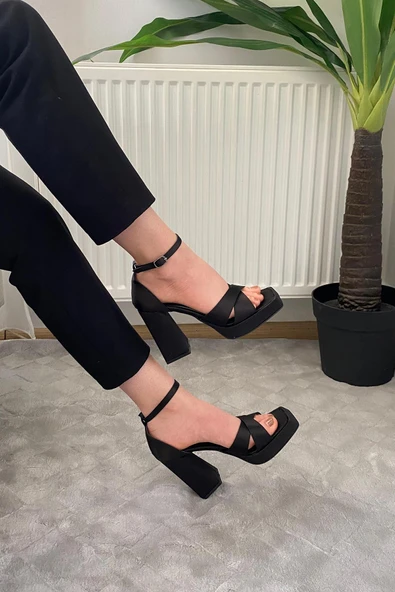 Kadın Luci Siyah Saten Çapraz Bantlı 10 cm Platfom Topuklu Aykkabı - 5