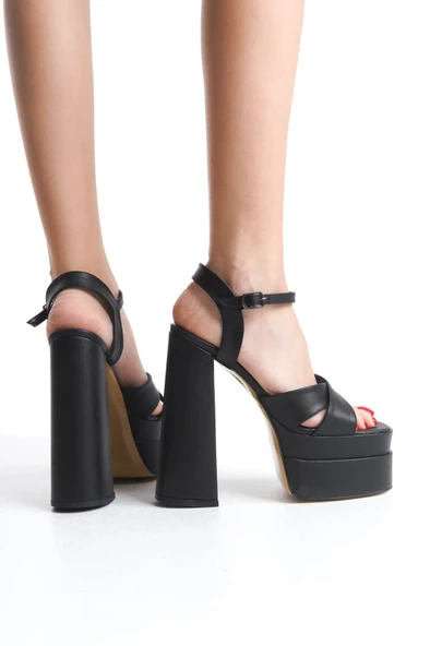 Kadın Elina Siyah Çapraz Bantlı 15 cm Platform Topuklu Ayakkabı - 3