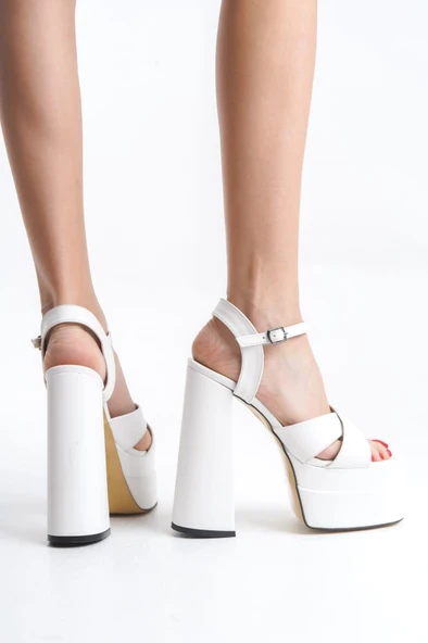 Kadın Elina Beyaz Cilt Çapraz Bantlı 15 cm Platform Topuklu Ayakkabı - 3
