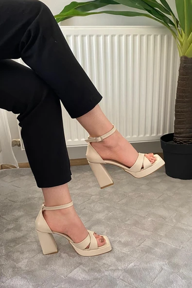 Kadın Luci Krem Cilt Çapraz Bantlı 10 cm Platfom Topuklu Aykkabı - 2