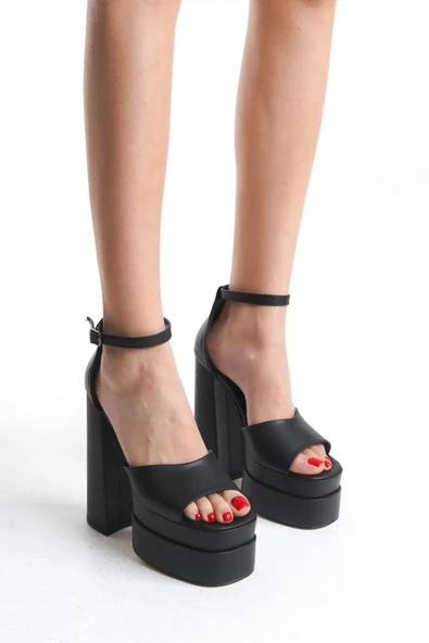 Kadın Elina Tek Bantlı Siyah Cilt 15 cm Platform Topuklu Ayakkabı - 3