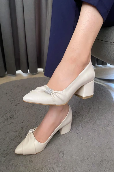 Kadın Mita Krem Fiyonk Taşlı Alcak Ökçe Abiye Ayakkabı - 4