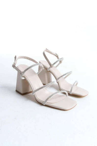 Kadın Eliza Krem Cilt 9 cm Kalın Topuklu Taş Detaylı Aykkabı - 4