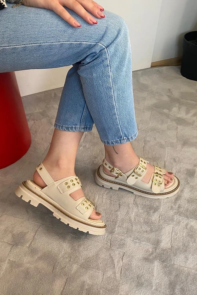 Kadın Mendez Krem Çift Bantlı Kabsül ve Vardola Deyatlı  Kalın Taban Ortopedik  Sandalet  K-120 - 5