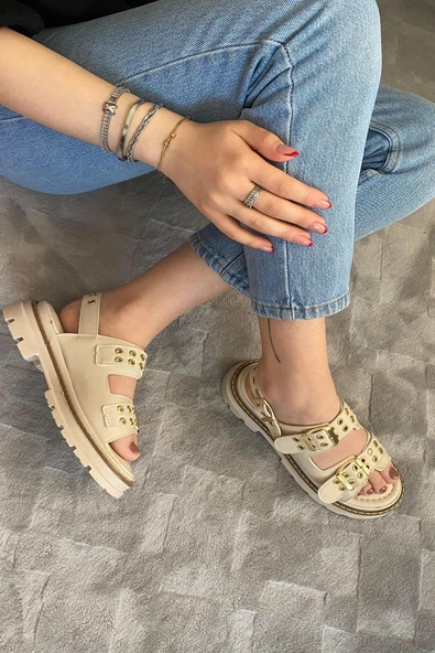 Kadın Mendez Krem Çift Bantlı Kabsül ve Vardola Deyatlı  Kalın Taban Ortopedik  Sandalet  K-120 - 4