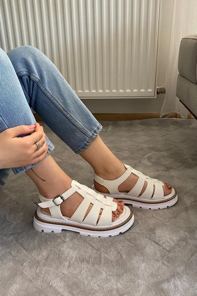Kadın Desma Beyaz Kafes Model Vardola Deyatlı Kalın Taban Ortopedik Sandalet K-140 - 3