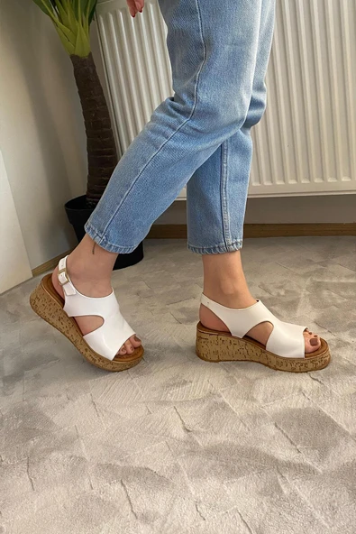 Kadın Tinge Beyaz Cilt Kalın Mantar Taban Ortopedik  Sandalet  K-250 - 5