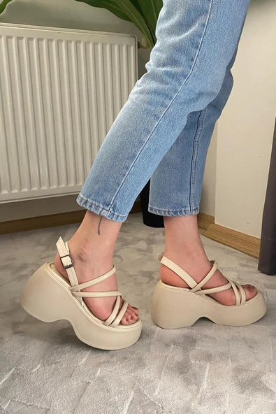 Kadın Anita Bej Biyeli Kalın Taban Ortopedik  Sandalet  K-3020 - 3