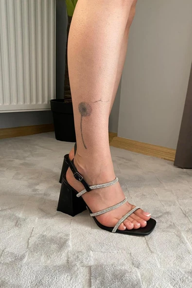 Kadın Eliza Siyah Saten 9 cm Kalın Topuklu Taş Detaylı Aykkabı - 4