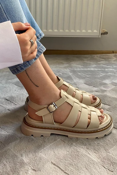 Kadın Desma Bej Kafes Model Vardola Deyatlı  Kalın Taban Ortopedik  Sandalet  K-140 - 5