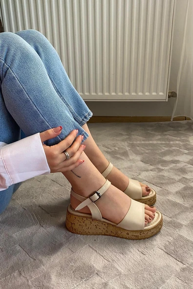 Kadın Bohema Bej Cilt Tek Bantlı Kalın Mantar Taban Ortopedik  Sandalet  K-210 - 5
