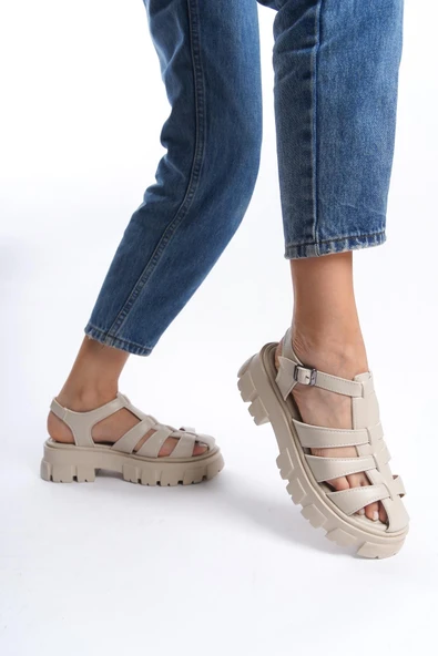 Kadın Petra Krem Yüksek Taban Kafes Model Sandalet 950 - 2