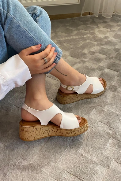 Kadın Tinge Beyaz Cilt Kalın Mantar Taban Ortopedik  Sandalet  K-250 - 3