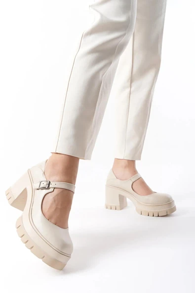 Kadın Ruby Krem Cilt Tek Baretli 8 cm Topuklu Platformlu Ayakkabı 601 - 2