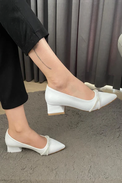 Kadın Valeri Beyaz Çapraz Taşlı Stiletto Alcak Ökçe Abiye Ayakkabı - 3