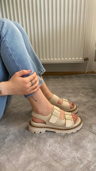 Kadın Merlin Krem Cilt Çift Bantlı Vardola Deyatlı  Kalın Taban Ortopedik  Sandalet  K-110 - 4