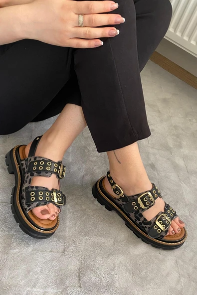 Kadın Mendez Siyah Leopar Çift Bantlı Kabsül ve Vardola Deyatlı  Kalın Taban Ortopedik  Sandalet  K-120 - 4