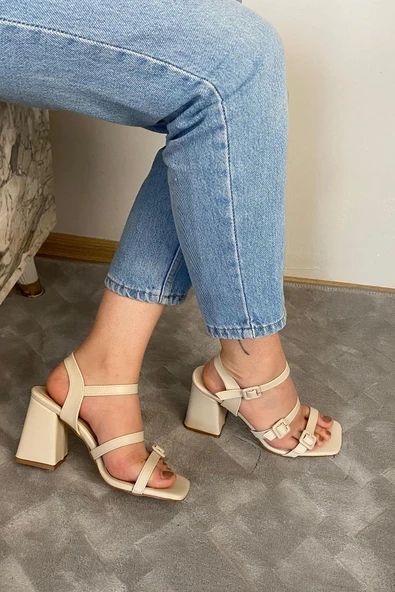 Kadın Fanci Krem Cilt Üç Tokalı  9 cm Kalın Topuklu Aykkabı - 3