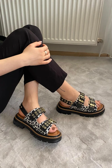 Kadın Mendez Beyaz Leopar Çift Bantlı Kabsül ve Vardola Deyatlı  Kalın Taban Ortopedik  Sandalet  K-120 - 3