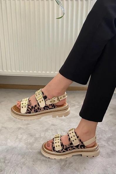 Kadın Mendez Bej Leopar Çift Bantlı Kabsül ve Vardola Deyatlı  Kalın Taban Ortopedik  Sandalet  K-120 - 4