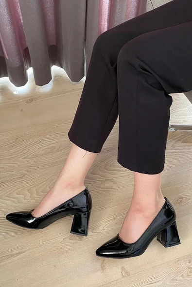 Kadın Nova Siyah Rugan 6,5 cm Kalın Topuklu Stiletto - 5