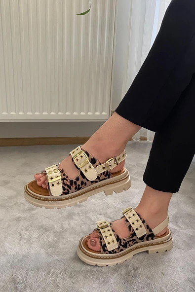 Kadın Mendez Bej Leopar Çift Bantlı Kabsül ve Vardola Deyatlı  Kalın Taban Ortopedik  Sandalet  K-120 - 2