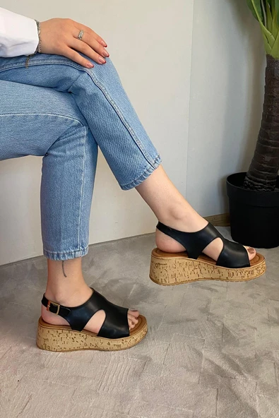 Kadın Tinge Siyah Cilt Kalın Mantar Taban Ortopedik Sandalet K-250 - 5