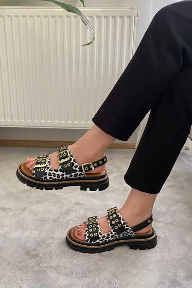 Kadın Mendez Beyaz Leopar Çift Bantlı Kabsül ve Vardola Deyatlı  Kalın Taban Ortopedik  Sandalet  K-120 - 4