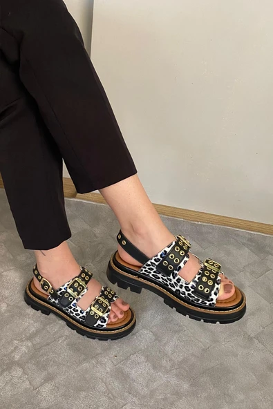 Kadın Mendez Beyaz Leopar Çift Bantlı Kabsül ve Vardola Deyatlı  Kalın Taban Ortopedik  Sandalet  K-120 - 2