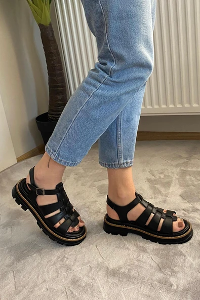 Kadın Desma Siyah Kafes Model Vardola Deyatlı  Kalın Taban Ortopedik  Sandalet  K-140 - 4